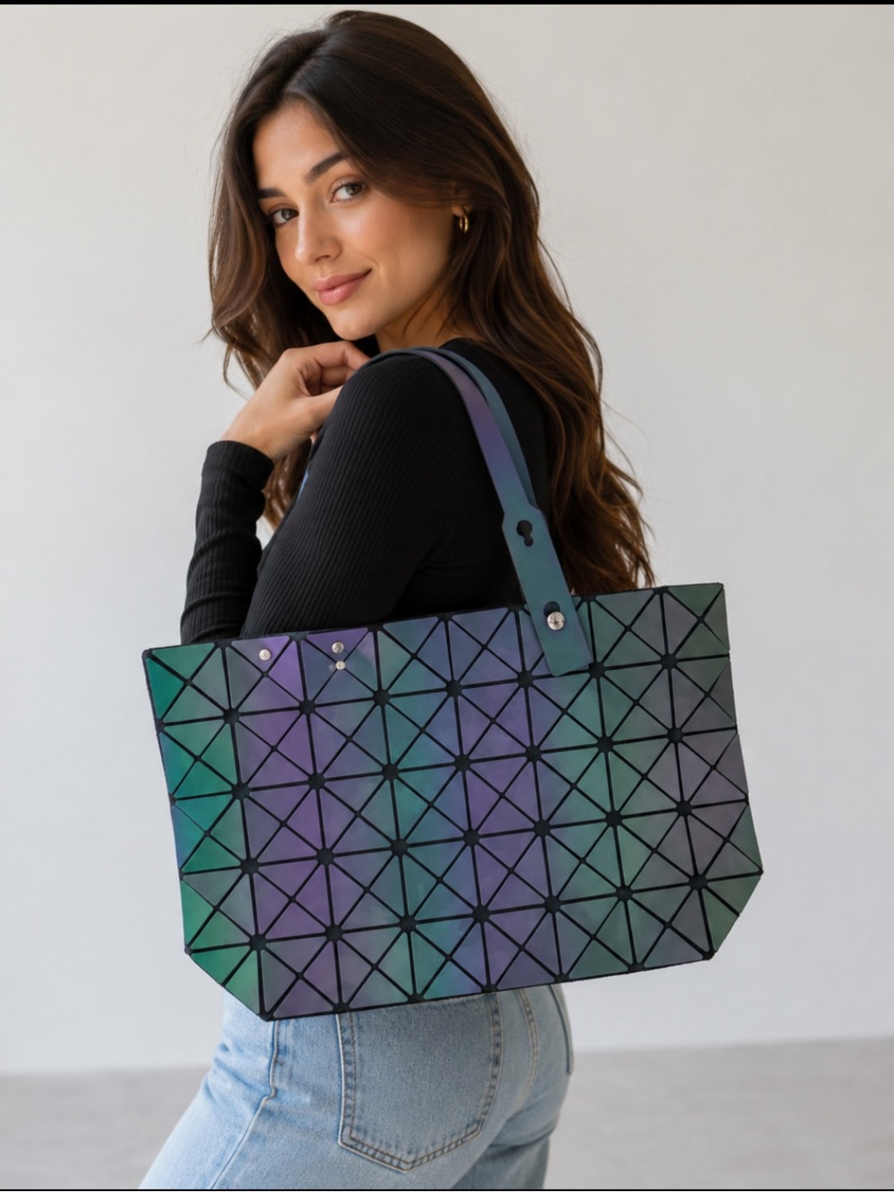 Bao Bao Issey Miyake Iridescent Geometric Tote in Green, Purple & Blue